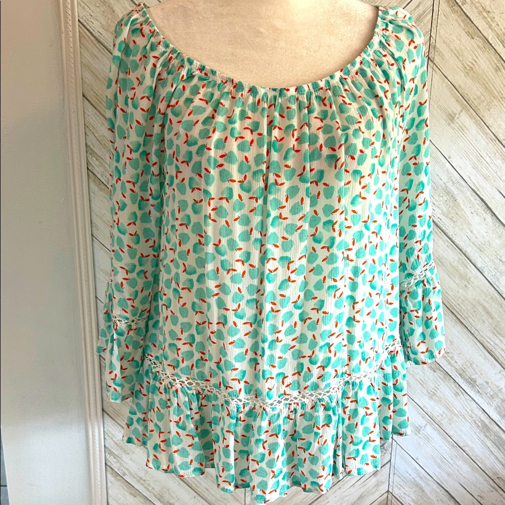 Democracy Blouse 3/4 Sleeve Flowy Ruffled Boho Cottagecore Apple Print Size M